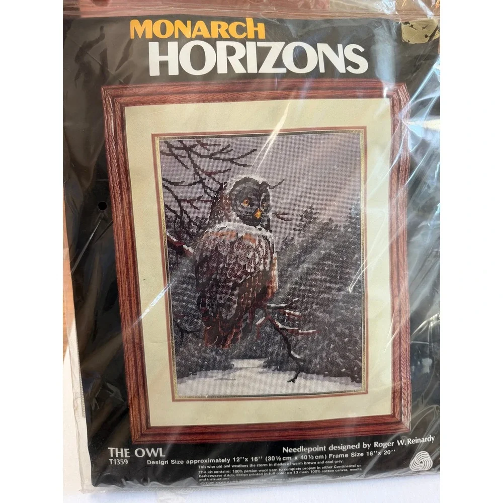VTG Monarch Horizons The Owl Needlepoint Kit 12x16 Brown Grey New